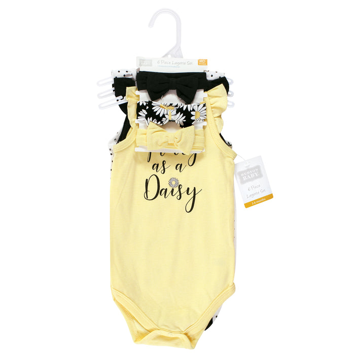 Hudson Baby Infant Girl Sleeveless Bodysuit and Headband Set, Black Daisy