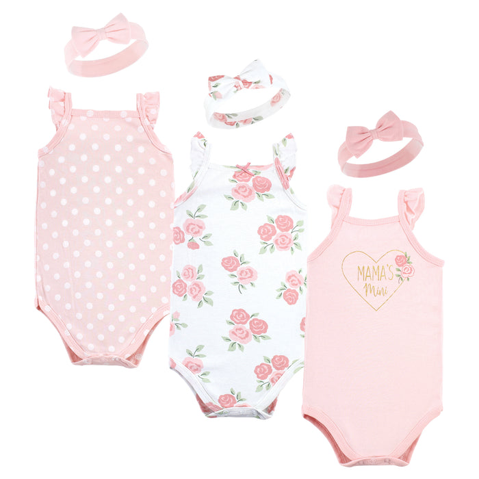 Hudson Baby Infant Girl Sleeveless Bodysuit and Headband Set, Soft Pink Roses