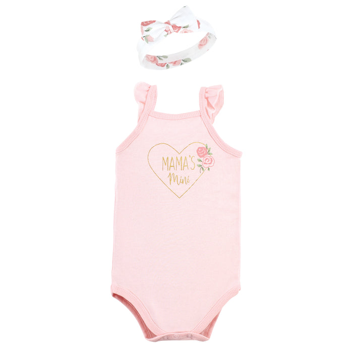 Hudson Baby Infant Girl Sleeveless Bodysuit and Headband Set, Soft Pink Roses