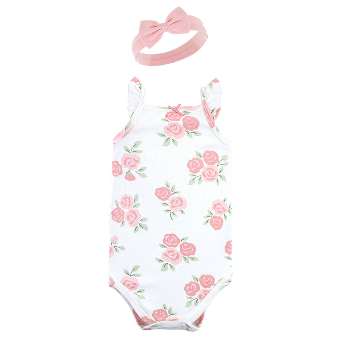 Hudson Baby Infant Girl Sleeveless Bodysuit and Headband Set, Soft Pink Roses