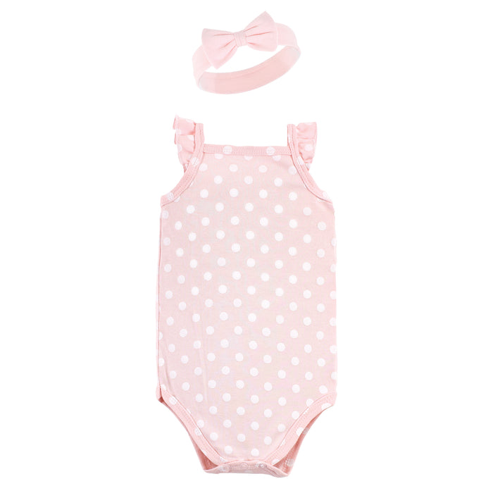 Hudson Baby Infant Girl Sleeveless Bodysuit and Headband Set, Soft Pink Roses