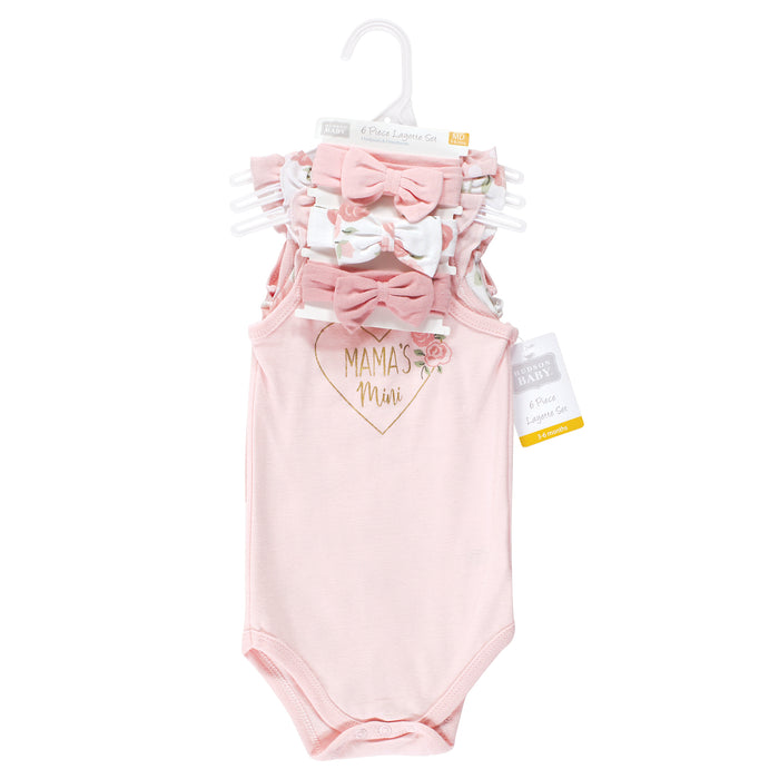 Hudson Baby Infant Girl Sleeveless Bodysuit and Headband Set, Soft Pink Roses