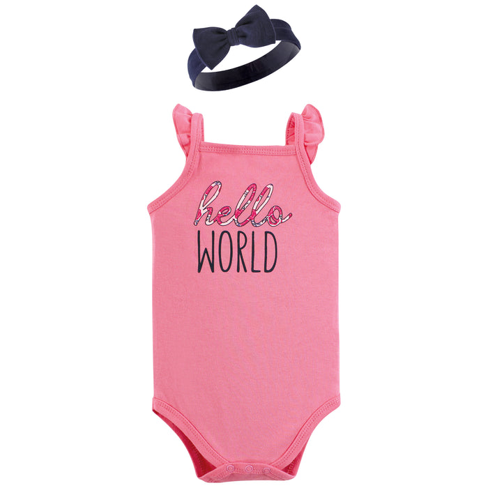 Hudson Baby Infant Girl Sleeveless Bodysuit and Headband Set, Pink Navy Roses
