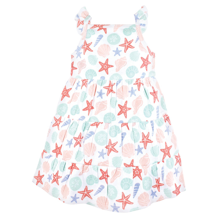 Hudson Baby Girl Cotton Dresses, Multicolor Sea Shells 2-Pack