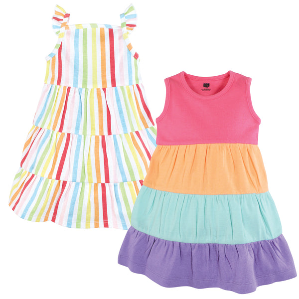 Hudson Baby Girl Cotton Dresses, Rainbow Stripe 2-Pack