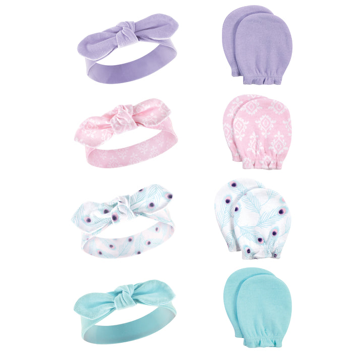 Hudson Baby 8-Piece Cotton Headband and Scratch Mitten Set, Peacock