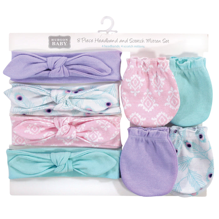 Hudson Baby 8-Piece Cotton Headband and Scratch Mitten Set, Peacock