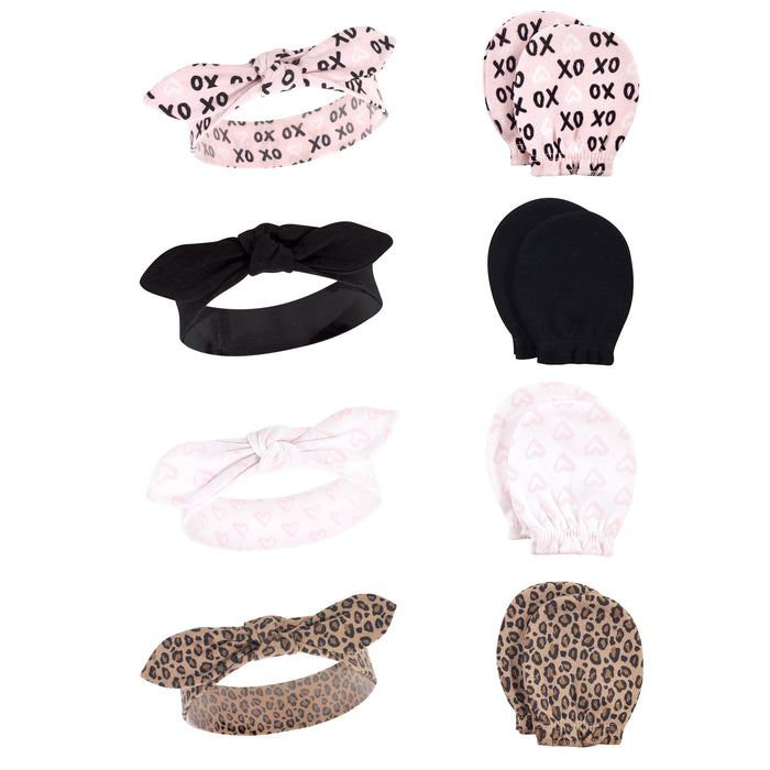 Hudson Baby 8-Piece Cotton Headband and Scratch Mitten Set, Black Xoxo