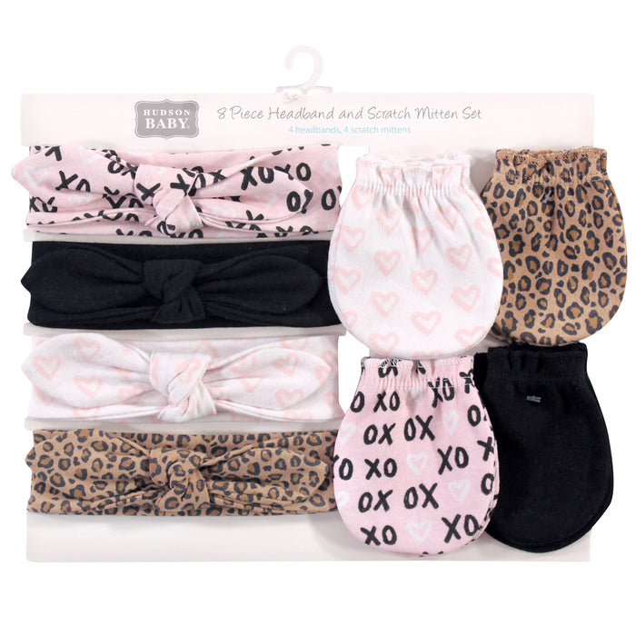 Hudson Baby 8-Piece Cotton Headband and Scratch Mitten Set, Black Xoxo