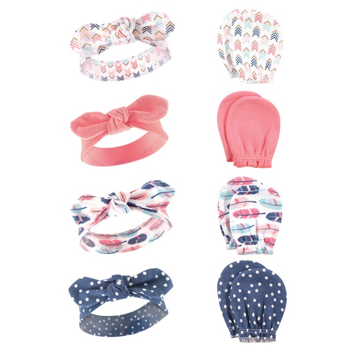 Hudson Baby 8-Piece Cotton Headband and Scratch Mitten Set, Feathers