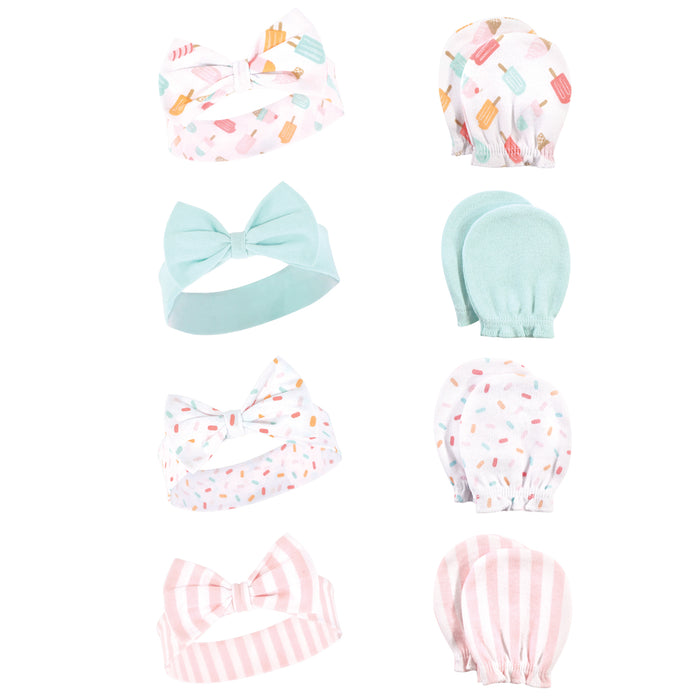 Hudson Baby 8-Piece Cotton Headband and Scratch Mitten Set, Ice Cream