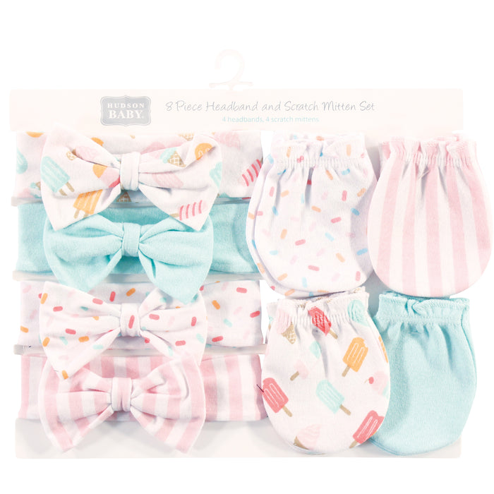 Hudson Baby 8-Piece Cotton Headband and Scratch Mitten Set, Ice Cream