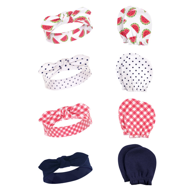 Hudson Baby 8-Piece Cotton Headband and Scratch Mitten Set, Watermelon