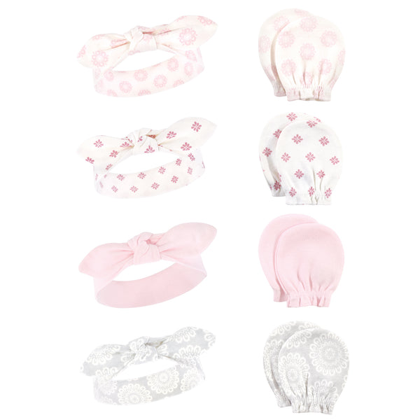 Hudson Baby 8-Piece Cotton Headband and Scratch Mitten Set, Lace Medallion