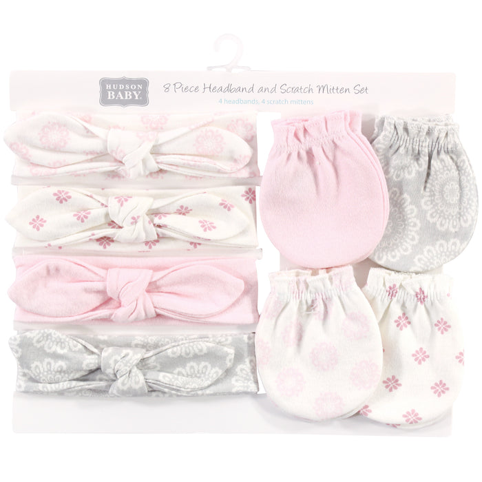 Hudson Baby 8-Piece Cotton Headband and Scratch Mitten Set, Lace Medallion