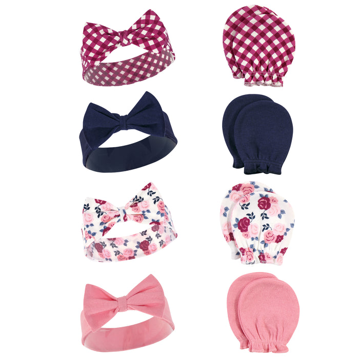 Hudson Baby 8-Piece Cotton Headband and Scratch Mitten Set, Pink Navy Floral