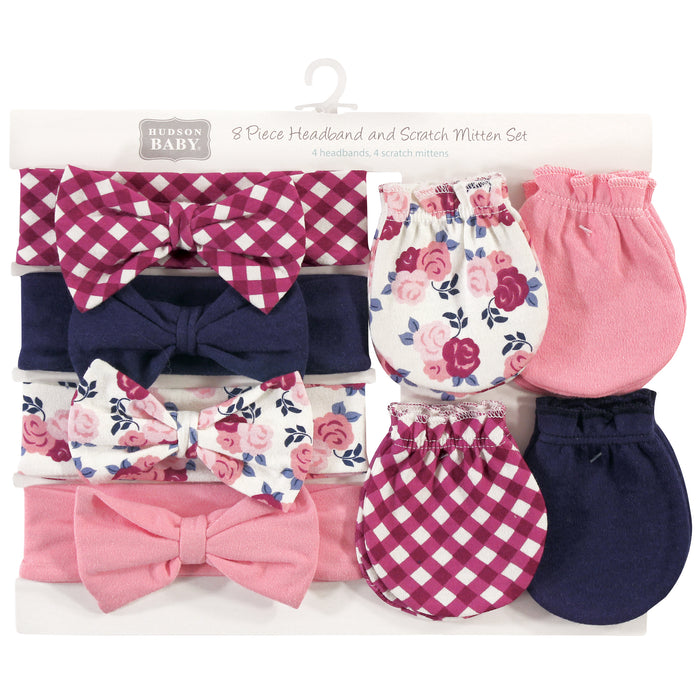 Hudson Baby 8-Piece Cotton Headband and Scratch Mitten Set, Pink Navy Floral