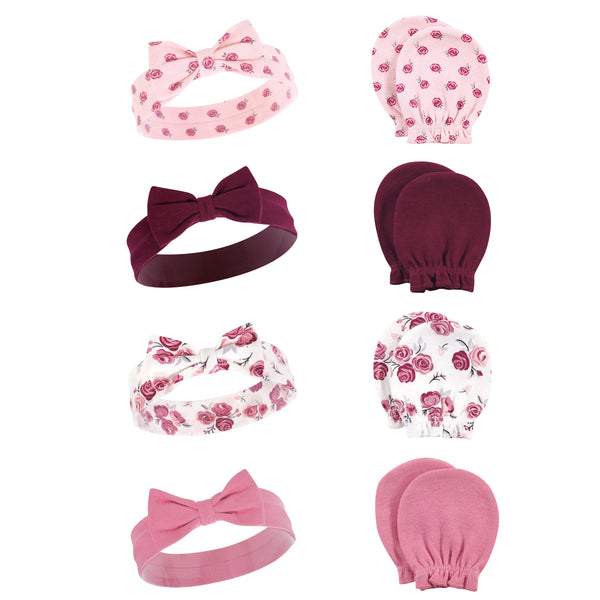 Hudson Baby 8-Piece Cotton Headband and Scratch Mitten Set, Rose