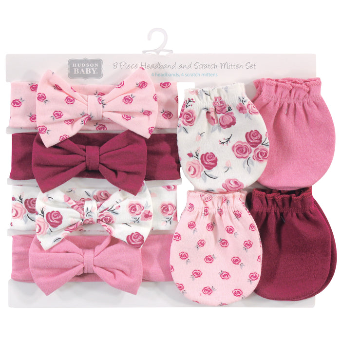 Hudson Baby 8-Piece Cotton Headband and Scratch Mitten Set, Rose