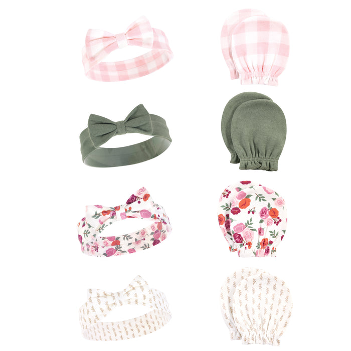 Hudson Baby 8-Piece Cotton Headband and Scratch Mitten Set, Fall Floral