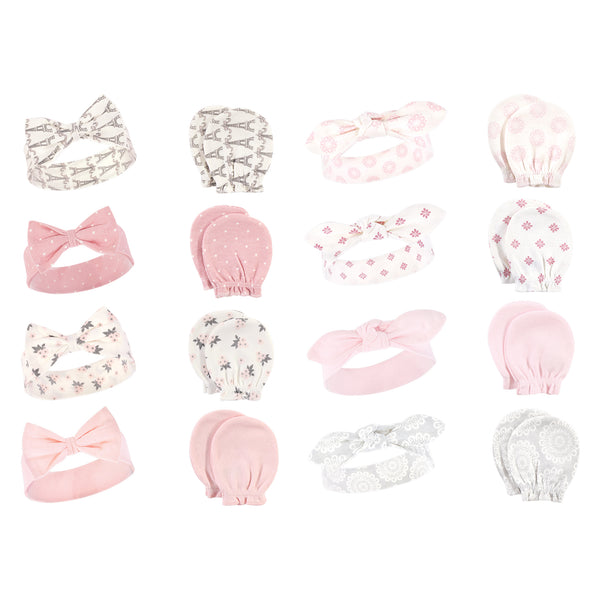 Hudson Baby 16 Piece Cotton Headband and Scratch Mitten Set, Paris Lace Medallion