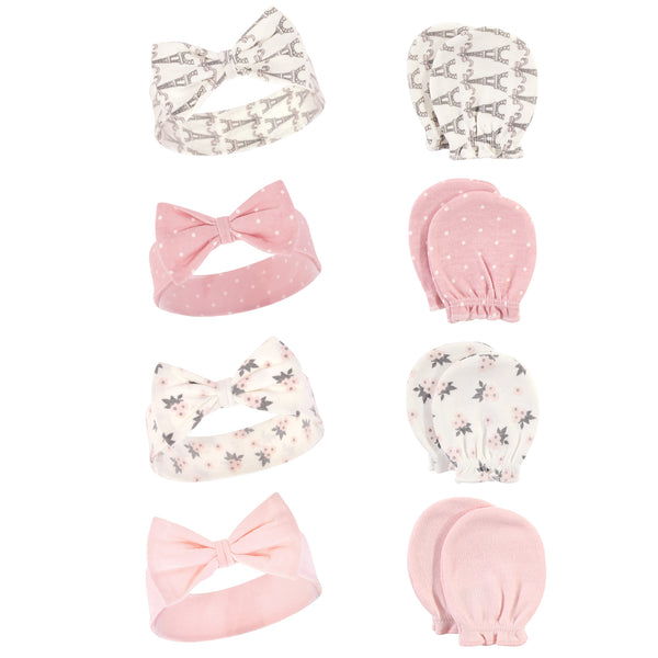 Hudson Baby 8-Piece Cotton Headband and Scratch Mitten Set, Paris