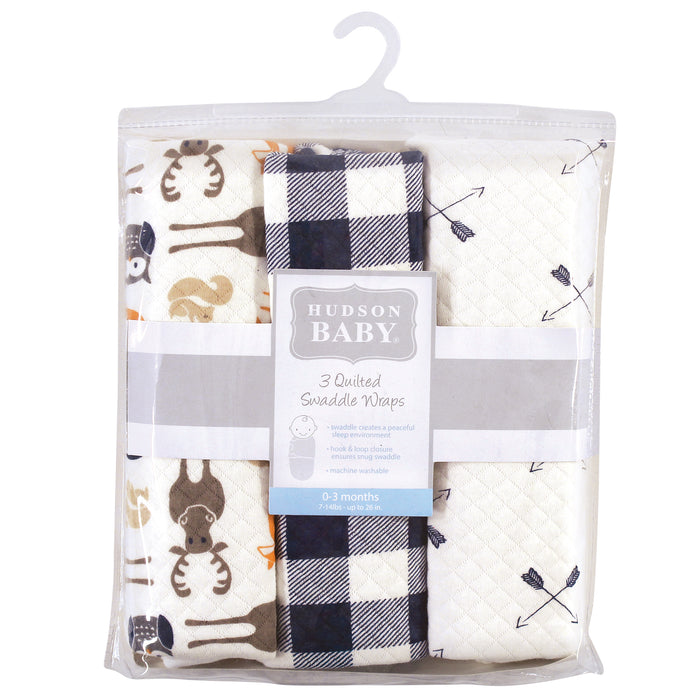 Hudson Baby Infant Boy Quilted Cotton Swaddle Wrap 3-Pack, Forest, 0-3 Months