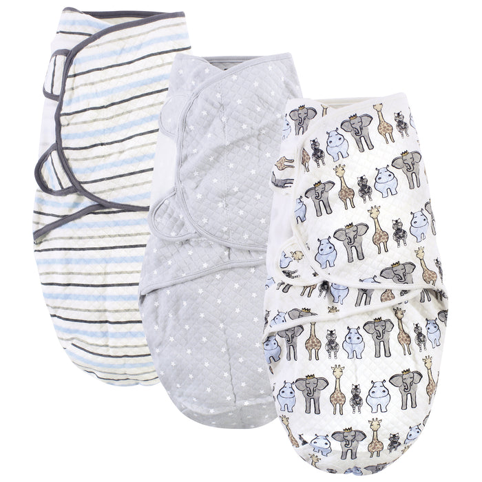 Hudson Baby Infant Boy Quilted Cotton Swaddle Wrap 3-Pack, Royal Safari, 0-3 Months