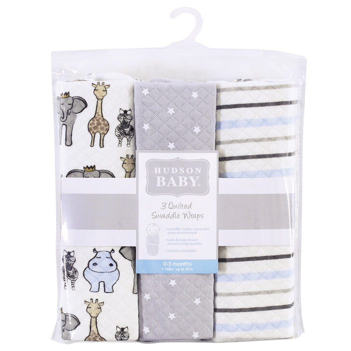 Hudson Baby Infant Boy Quilted Cotton Swaddle Wrap 3-Pack, Royal Safari, 0-3 Months
