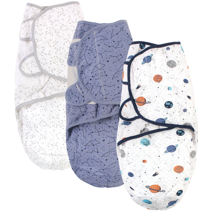 Hudson Baby Infant Boy Quilted Cotton Swaddle Wrap 3-Pack, Space, 0-3 Months