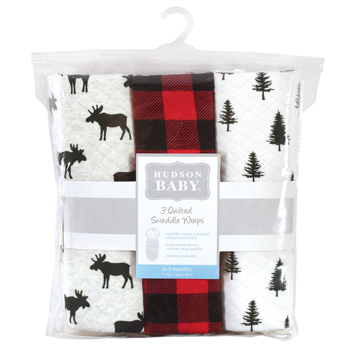 Hudson Baby Infant Boy Quilted Cotton Swaddle Wrap 3-Pack, Moose, 0-3 Months