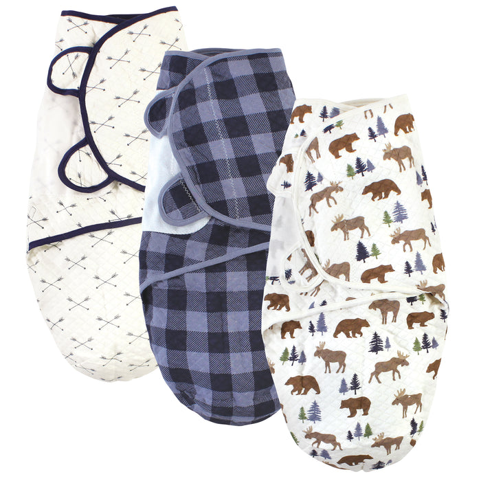 Hudson Baby Infant Boy Quilted Cotton Swaddle Wrap 3-Pack, Moose Bear, 0-3 Months