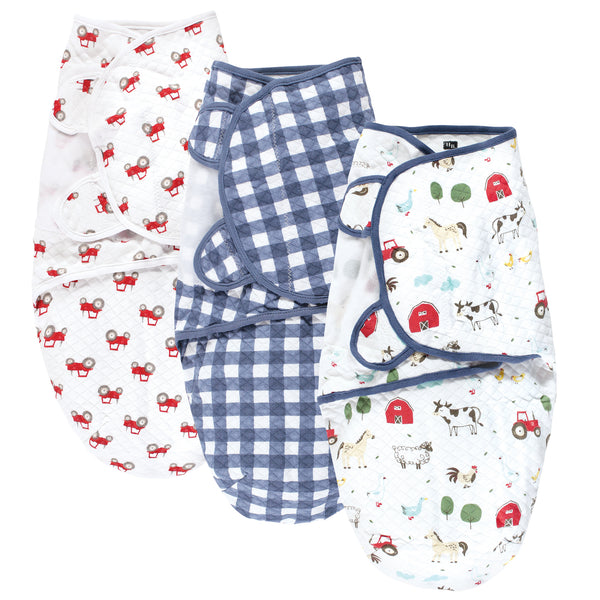 Hudson Baby Infant Boy Quilted Cotton Swaddle Wrap 3-Pack, Farm Animals, 0-3 Months