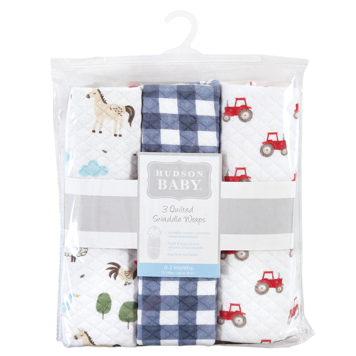 Hudson Baby Infant Boy Quilted Cotton Swaddle Wrap 3-Pack, Farm Animals, 0-3 Months