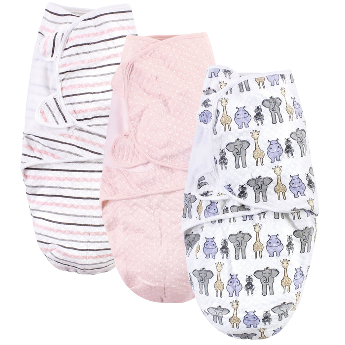 Hudson Baby Infant Girl Quilted Cotton Swaddle Wrap 3-Pack, Pink Safari