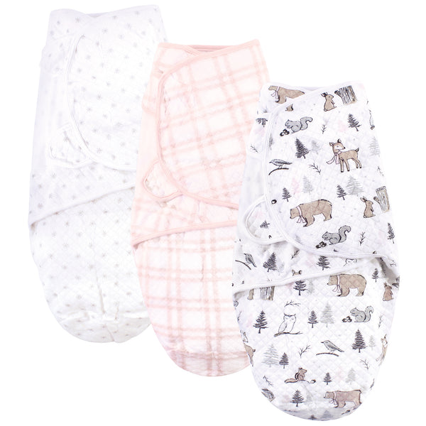 Hudson Baby Infant Girl Quilted Cotton Swaddle Wrap 3-Pack, Winter Forest