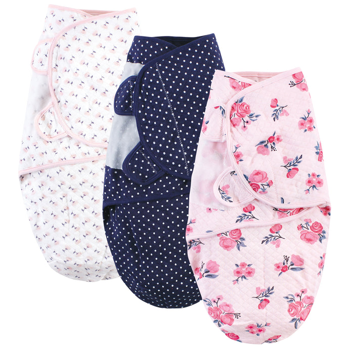 Hudson Baby Infant Girl Quilted Cotton Swaddle Wrap 3-Pack, Pink Navy Floral