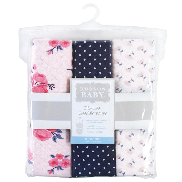 Hudson Baby Infant Girl Quilted Cotton Swaddle Wrap 3-Pack, Pink Navy Floral