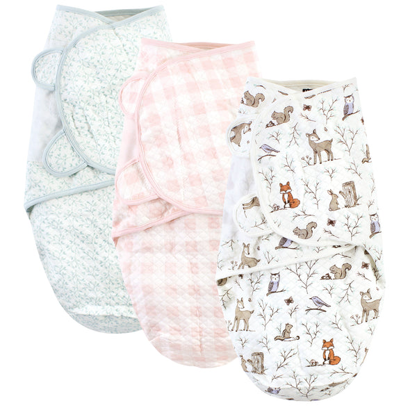 Hudson Baby Infant Girl Quilted Cotton Swaddle Wrap 3-Pack, Enchanted Forest