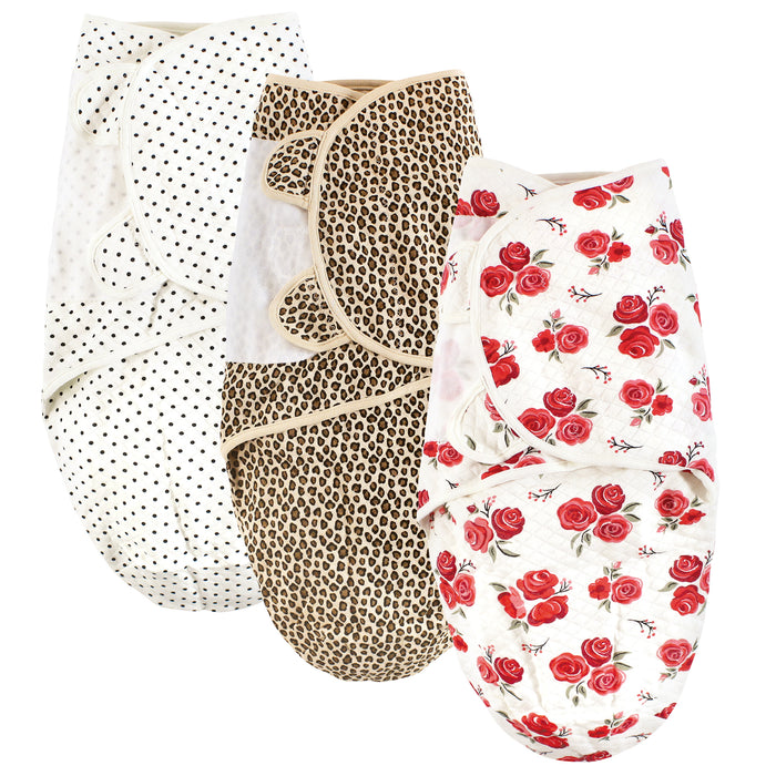 Hudson Baby Infant Girl Quilted Cotton Swaddle Wrap 3-Pack, Rose Leopard