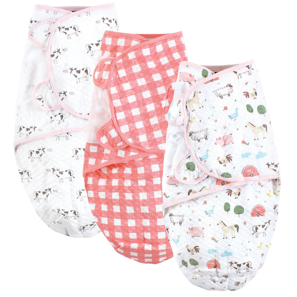 Hudson Baby Infant Girl Quilted Cotton Swaddle Wrap 3-Pack, Girl Farm Animals