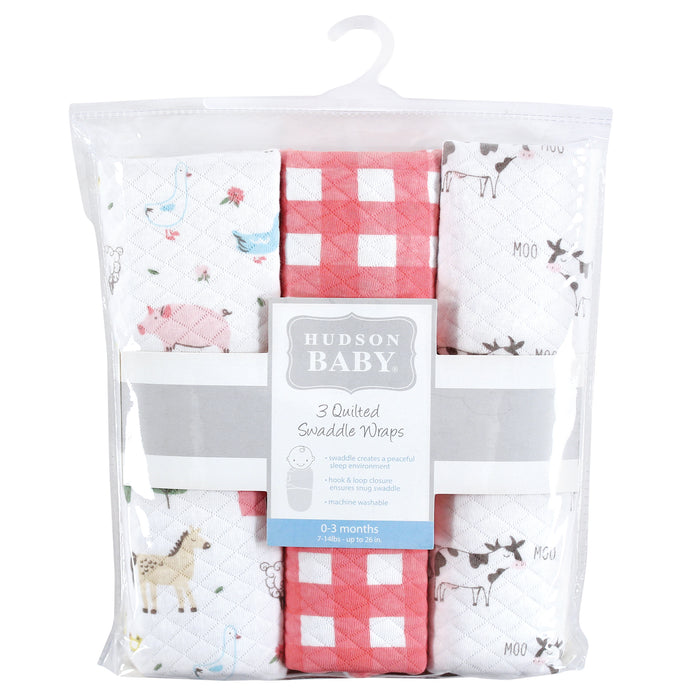 Hudson Baby Infant Girl Quilted Cotton Swaddle Wrap 3-Pack, Girl Farm Animals