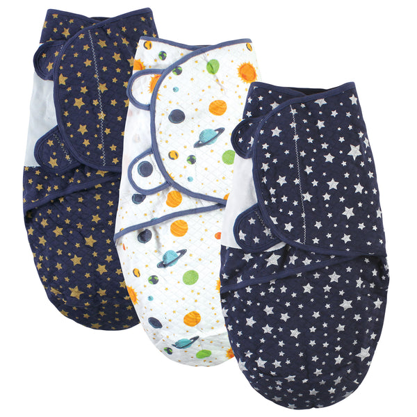 Hudson Baby Quilted Cotton Swaddle Wrap 3 Pack, Metallic Stars, 0-3 Months