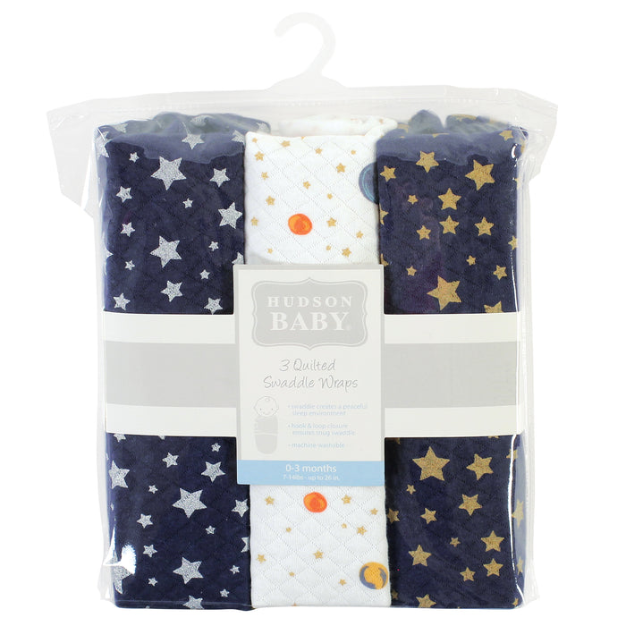 Hudson Baby Quilted Cotton Swaddle Wrap 3 Pack, Metallic Stars, 0-3 Months
