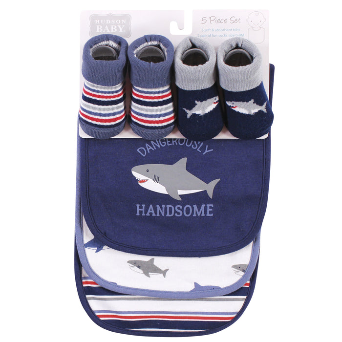 Hudson Baby Infant Boy Cotton Bib and Sock Set, Handsome Shark, One Size