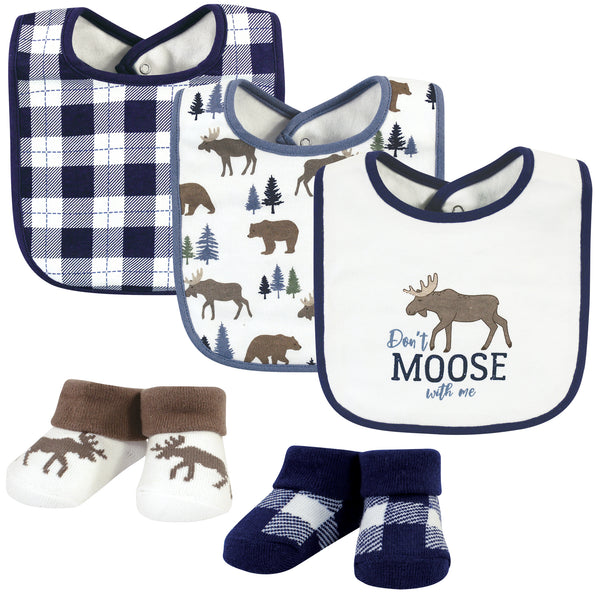 Hudson Baby Infant Boy Cotton Bib and Sock Set, Moose Bear, One Size