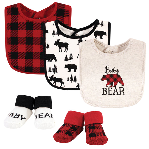 Hudson Baby Infant Boy Cotton Bib and Sock Set, Baby Bear Plaid