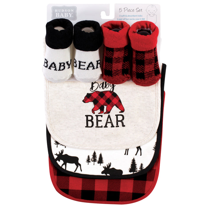 Hudson Baby Infant Boy Cotton Bib and Sock Set, Baby Bear Plaid