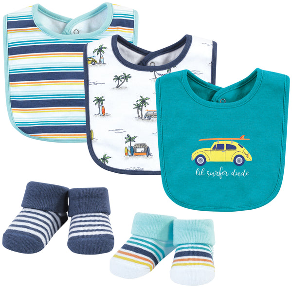 Hudson Baby Infant Boy Cotton Bib and Sock Set, Surfer Dude, One Size