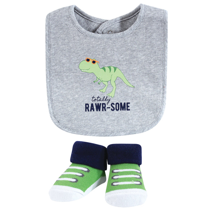 Hudson Baby Infant Boy Cotton Bib and Sock Set, Cool Dinosaurs, One Size